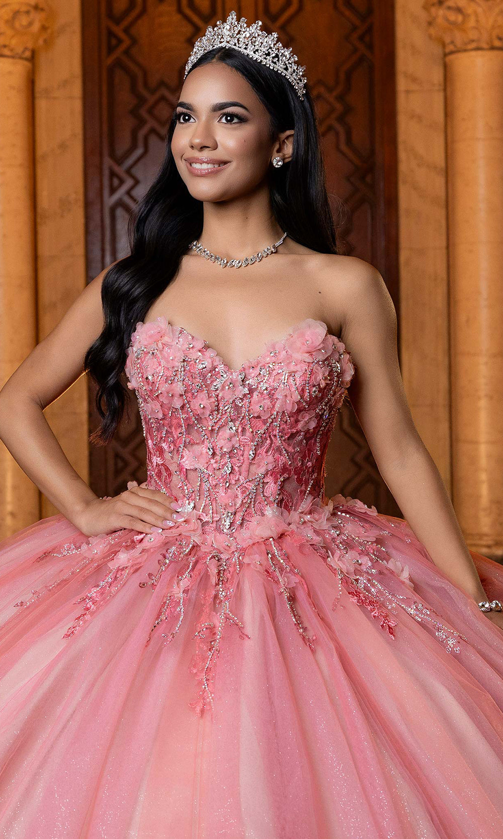 Vizcaya by Mori Lee 4080032 - Floral Embellished Lace-Up Back Ballgown Quinceanera Dresses in Coral Nude