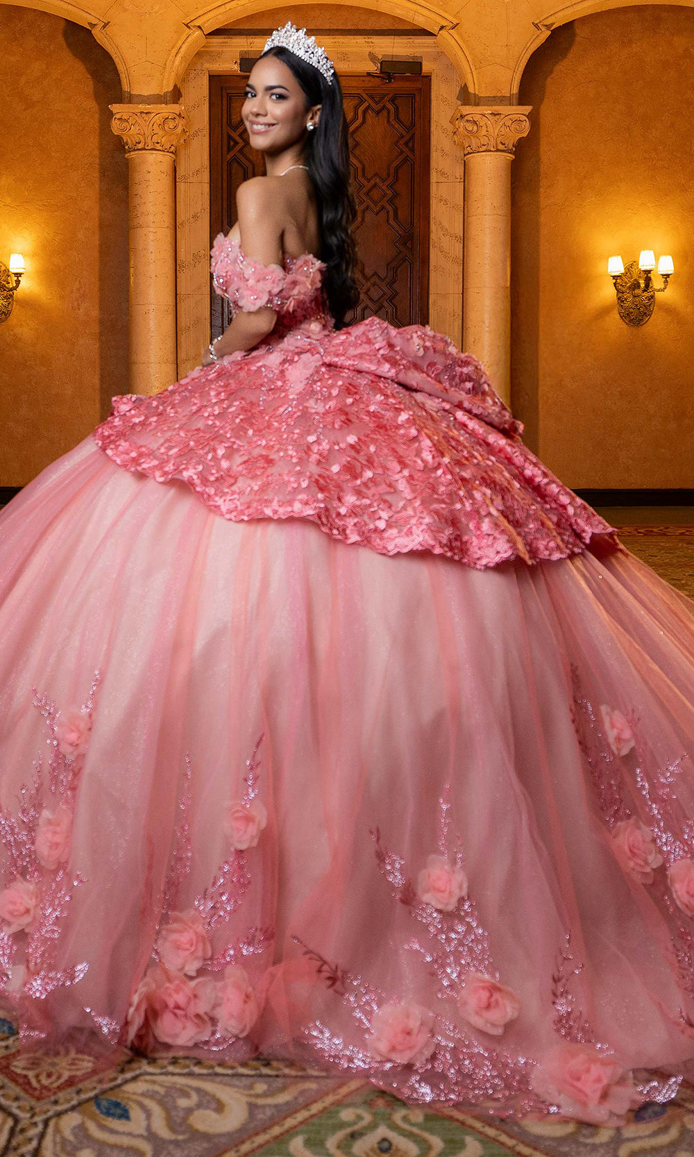 Vizcaya by Mori Lee 4080032 - Floral Embellished Lace-Up Back Ballgown Quinceanera Dresses in Coral Nude