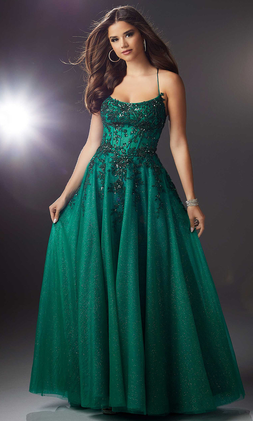 Mori Lee 49321 - Spaghetti Strap Sparkle Net A-Line Gown Prom Dresses in Emerald