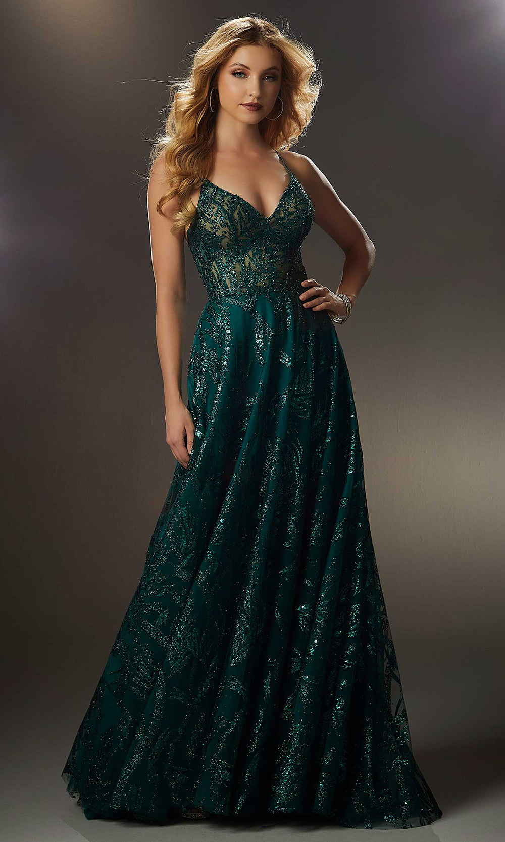 Mori Lee 49323 - Embellished V-Neck A-Line Prom Gown Prom Dresses in Emerald