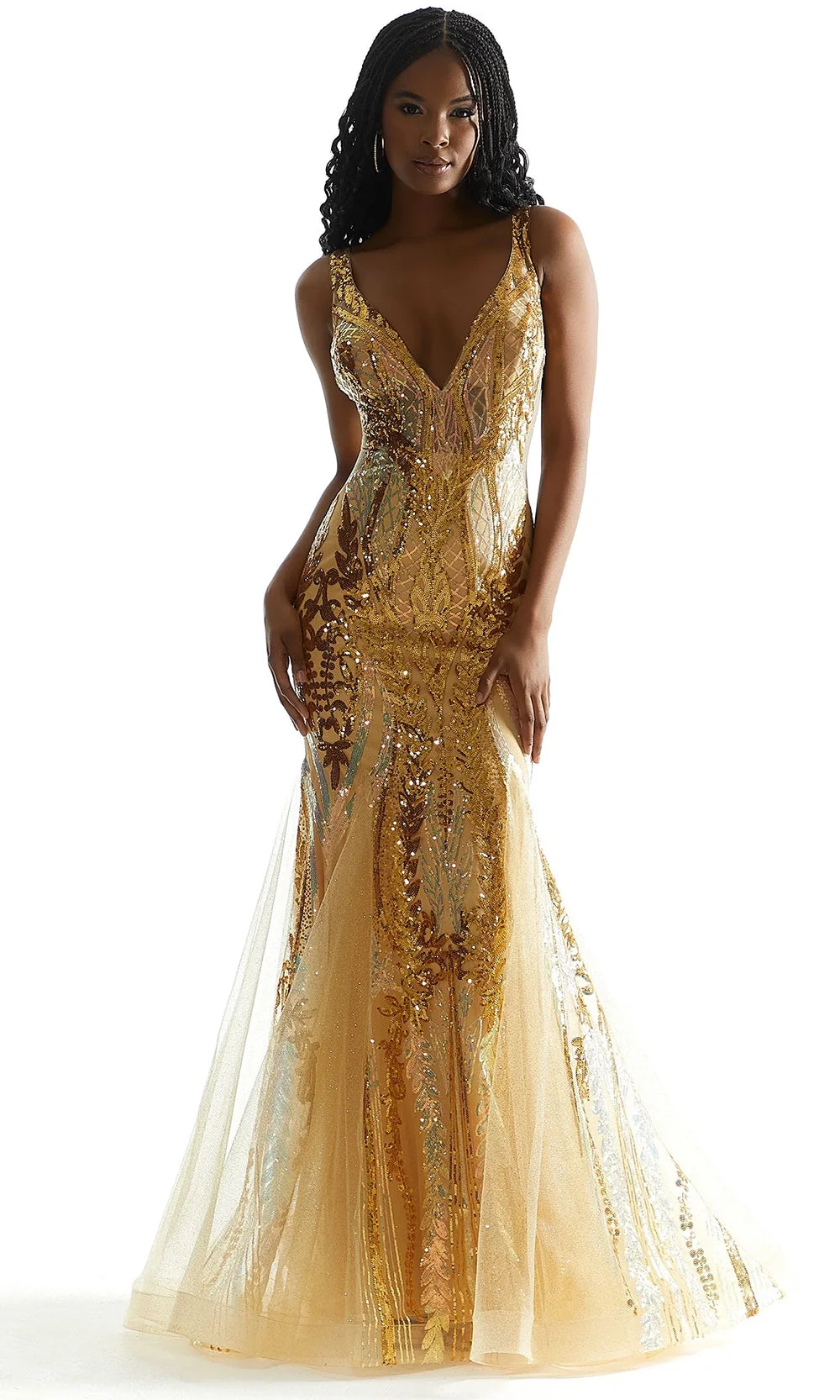 Mori Lee 49317 - Plunging V-Neck Patterned Sequin Gown Prom Dresses in Gold