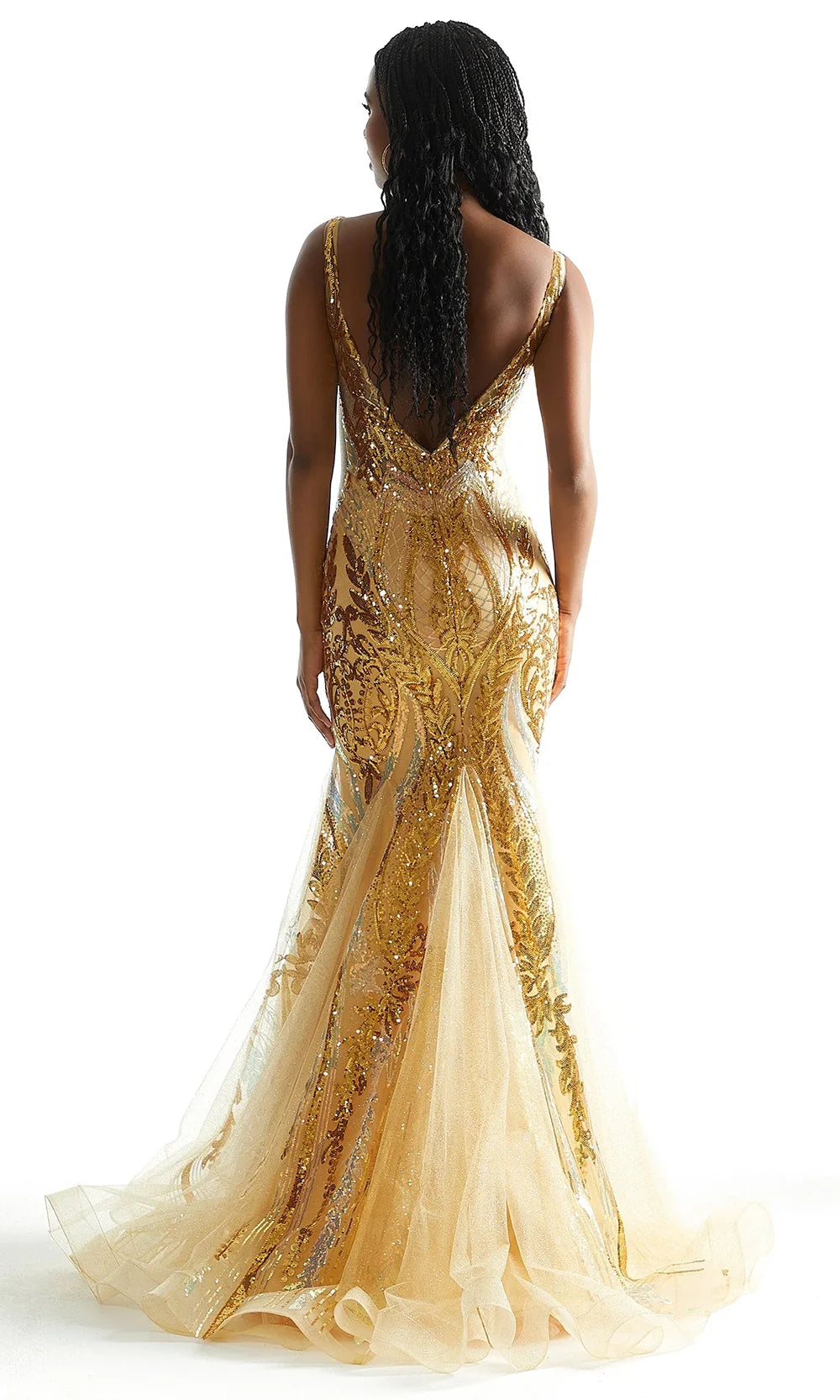Mori Lee 49317 - Plunging V-Neck Patterned Sequin Gown Prom Dresses in Gold