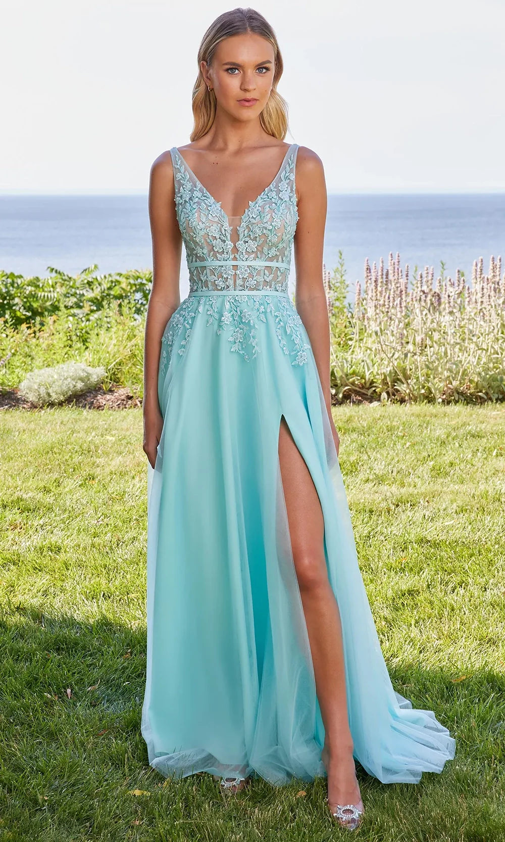 Mori Lee 49318 - Banded Waist Embroidered Prom Gown Prom Dresses in Mint