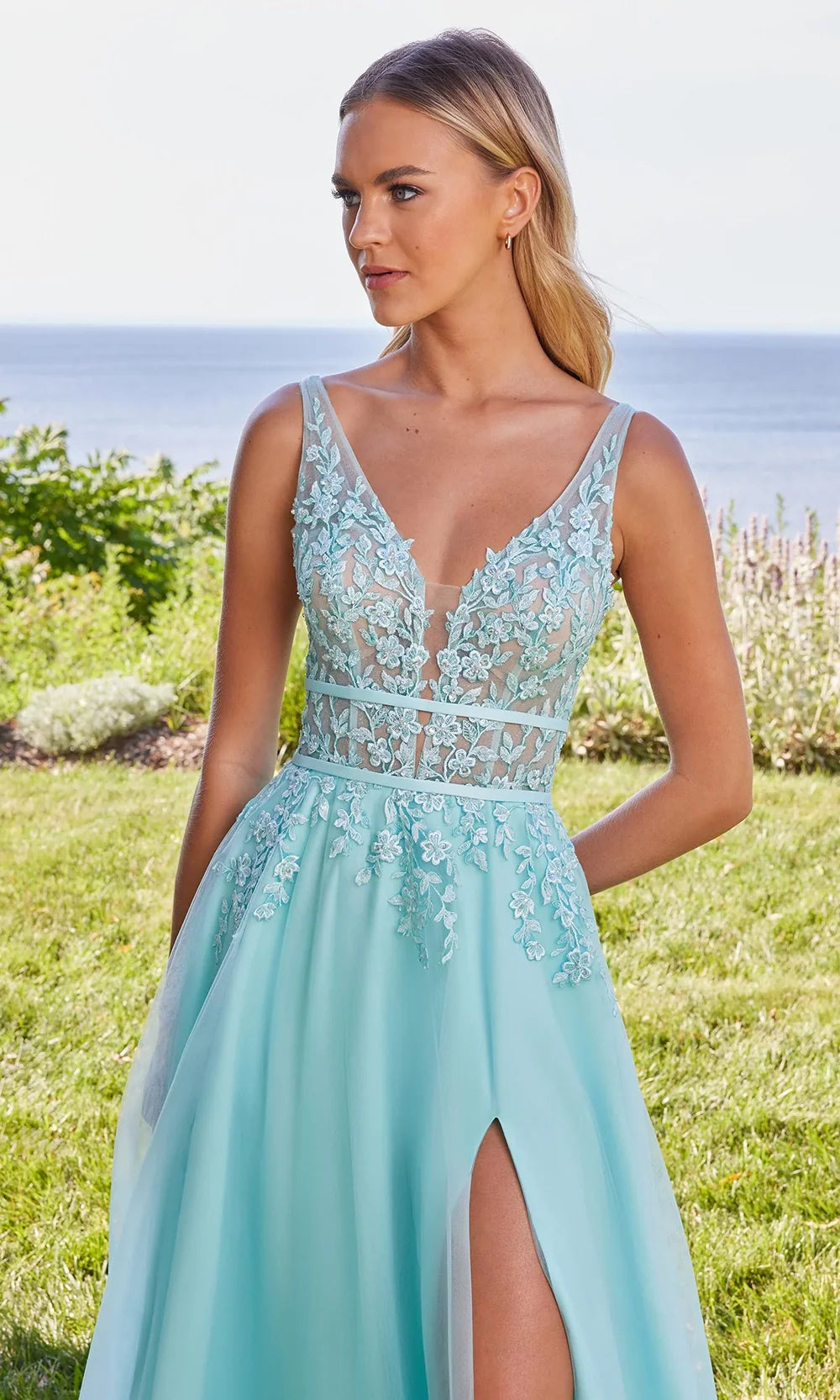 Mori Lee 49318 - Banded Waist Embroidered Prom Gown Prom Dresses in Mint