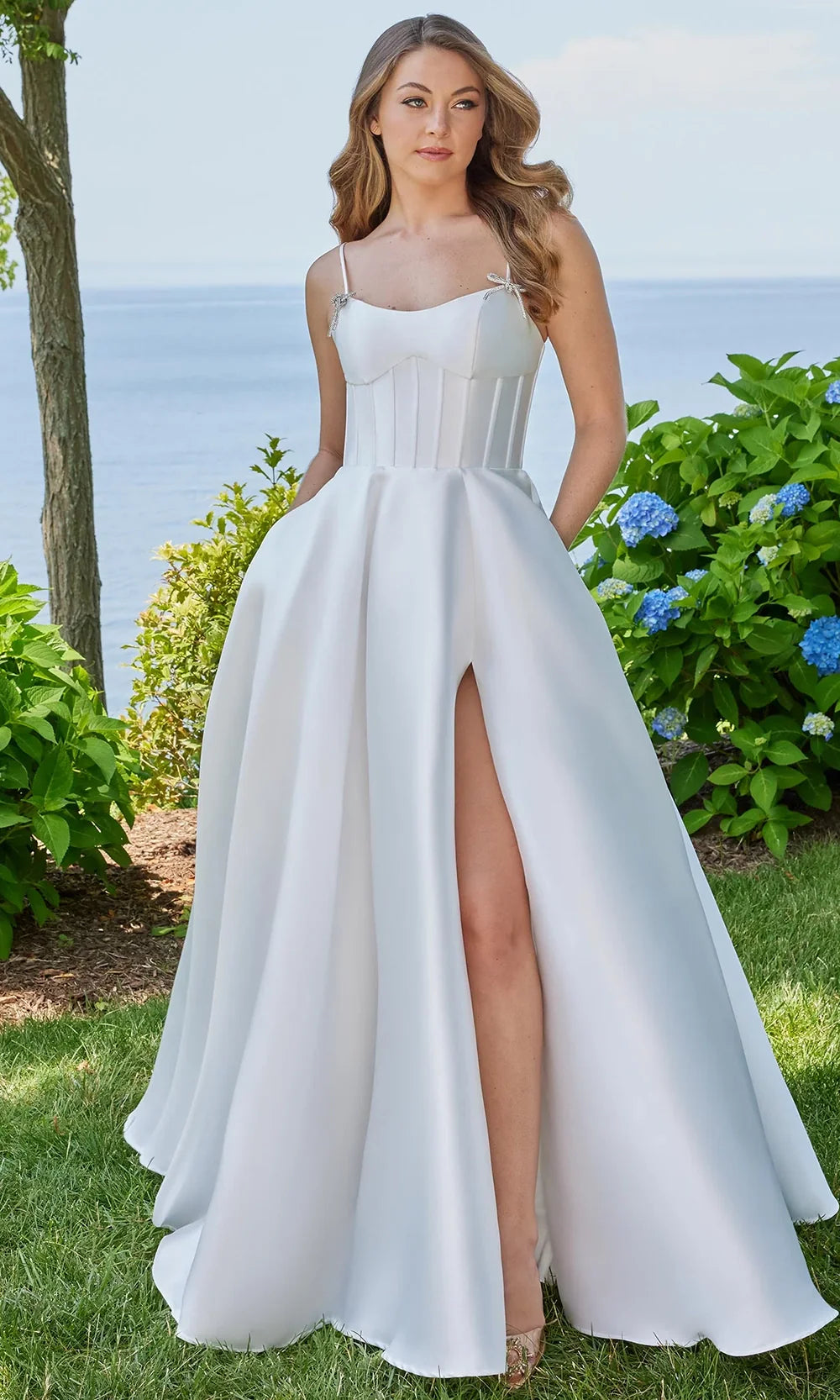 Mori Lee 49315 - Scoop Neck Mikado Slit Ballgown Prom Dresses in White