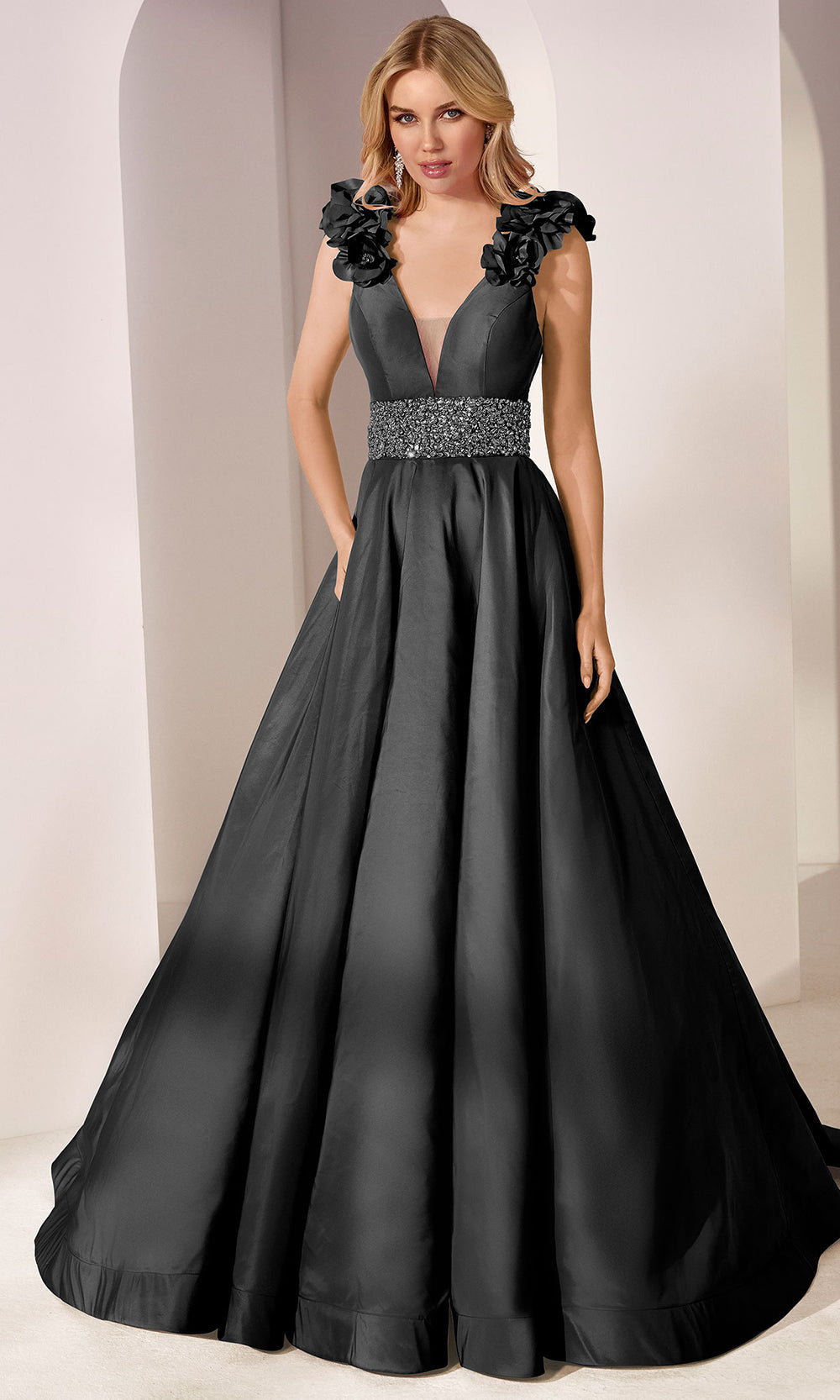 Mori Lee 49202 - V-Neckline Prom Gown with Beaded Waist Prom Dresses in Black