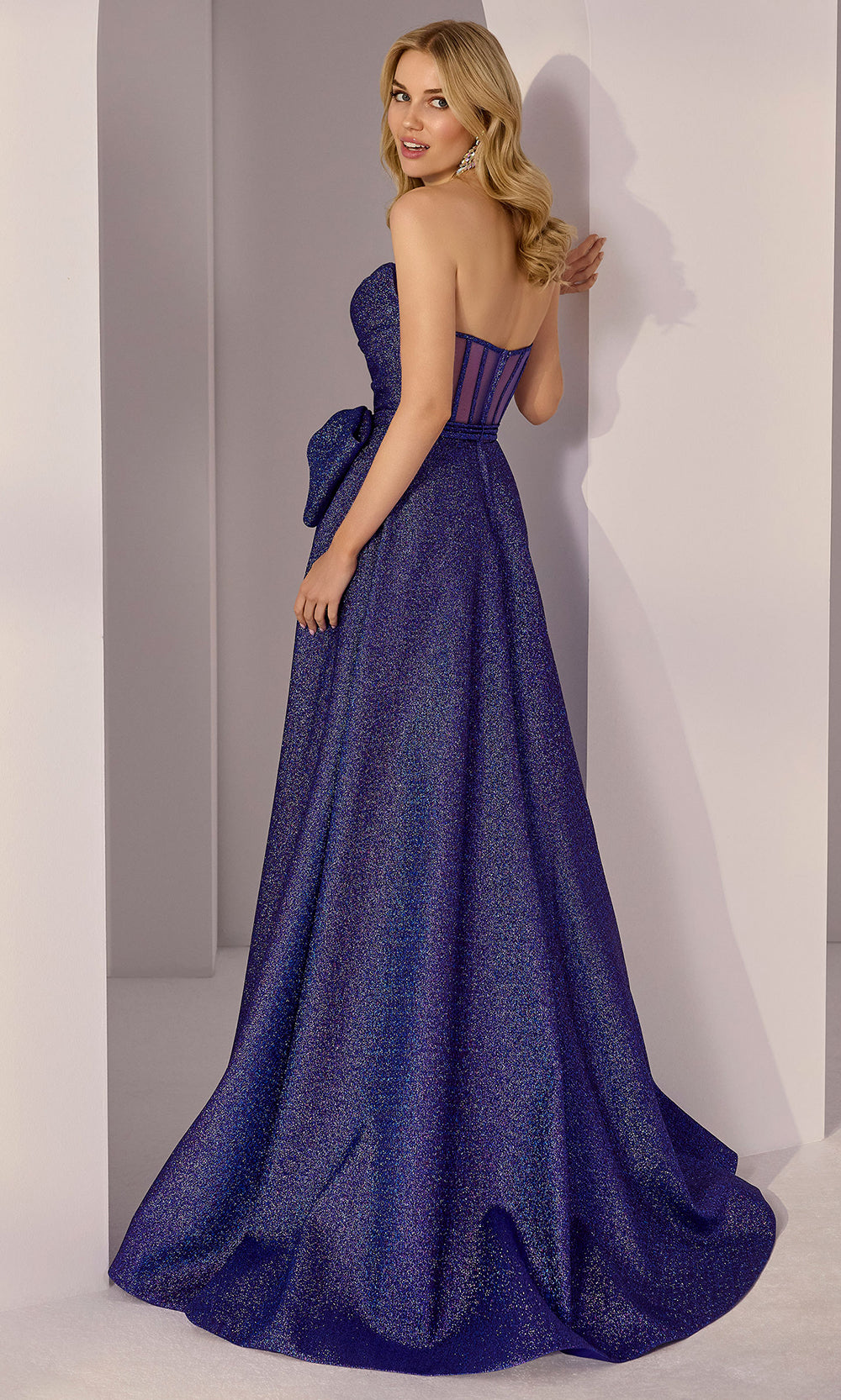 Mori Lee 49204 - Bow Sash Strapless Metallic Gown Prom Dresses in Royal