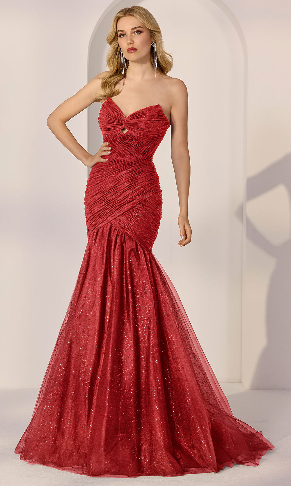 Mori Lee 49209 - V-Neckline Tulle Flared Prom Gown Pageant Dresses in Scarlet