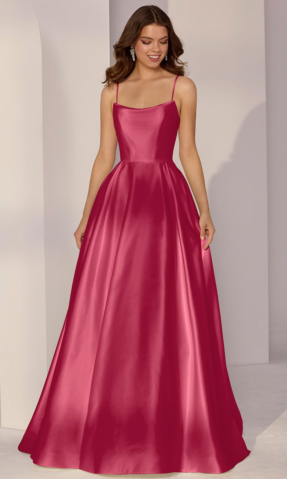 Mori Lee 49213 - Spaghetti Strap A-Line Satin Gown Prom Dresses in Berry