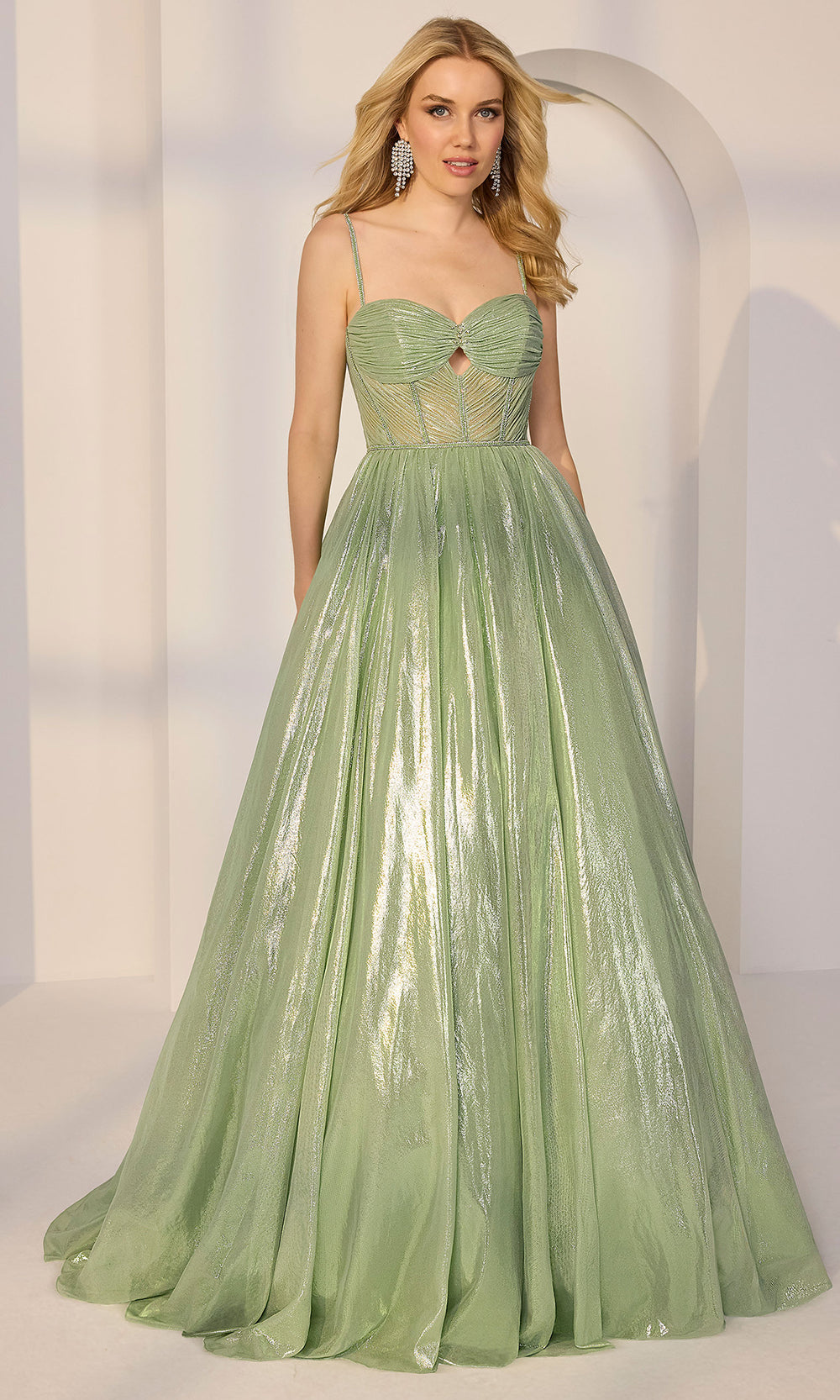 Mori Lee 49216 - Spaghetti Strap Foiled Tulle Prom Gown Prom Dresses in Sea Green