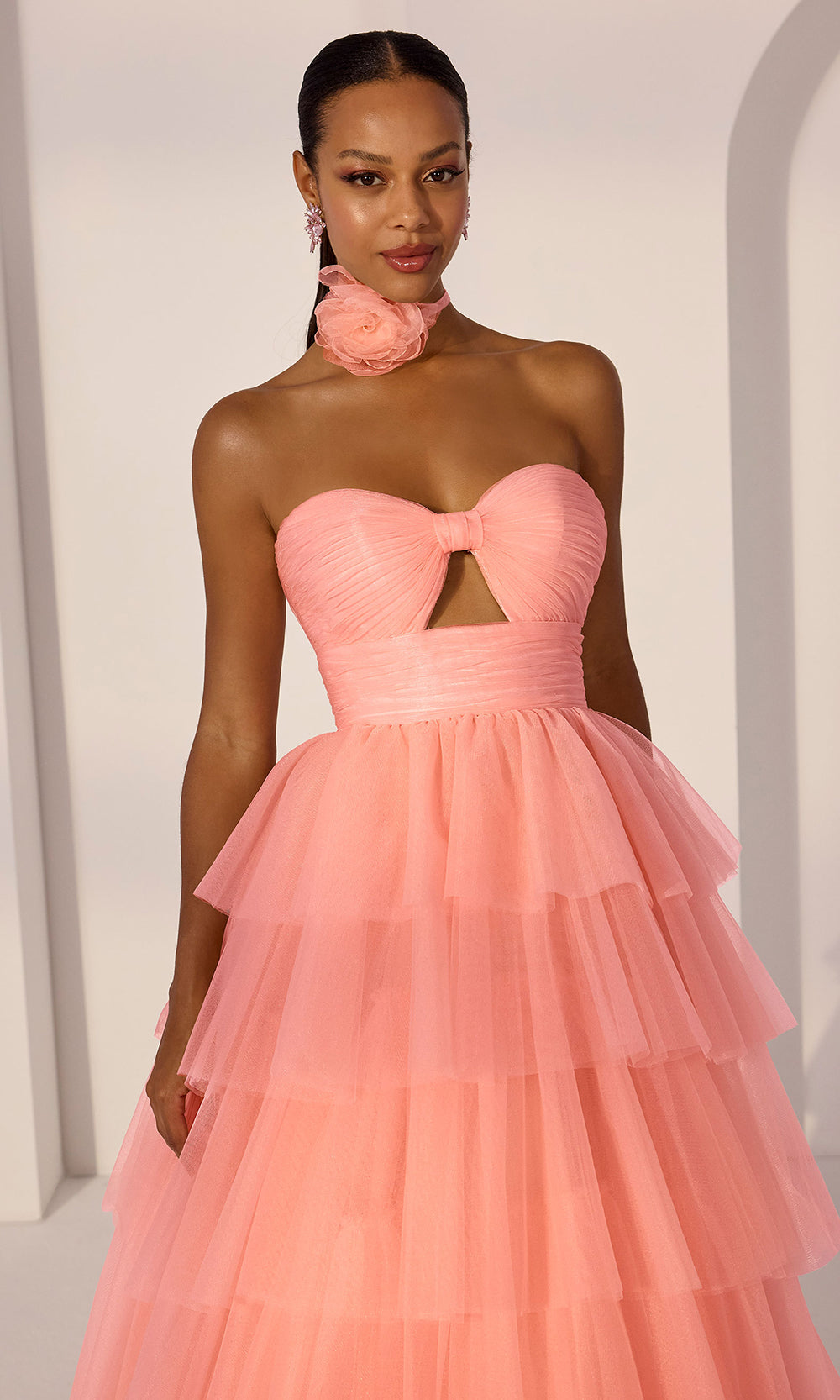 Mori Lee 49219 - Strapless Tiered Ruffle Tulle Gown Prom Dresses in Coral Burst