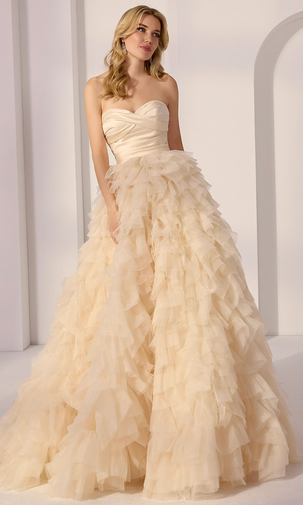 Mori Lee 49220 - Draped Satin Strapless Ruffle Gown Prom Dresses in Champagne