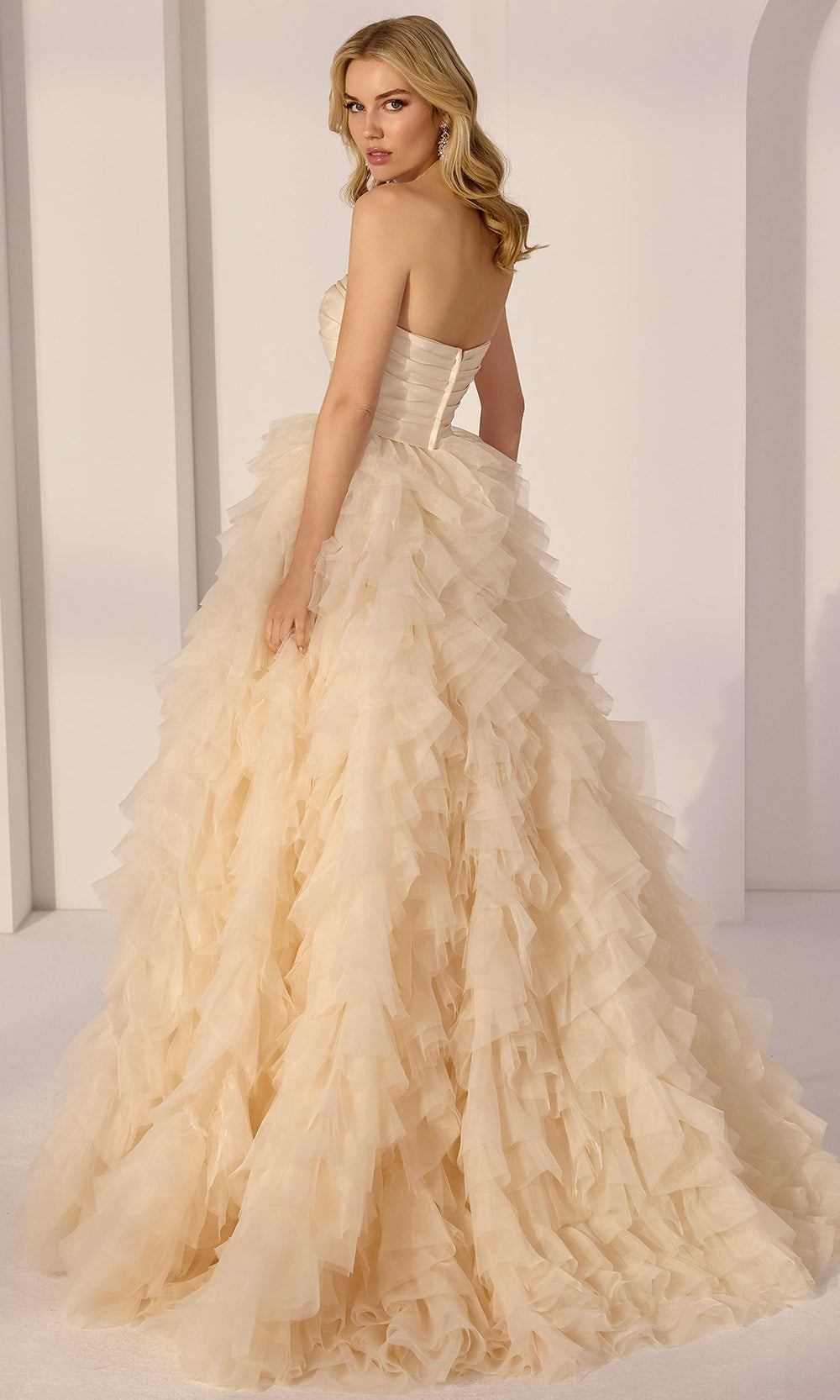 Mori Lee 49220 - Draped Satin Strapless Ruffle Gown Prom Dresses in Champagne