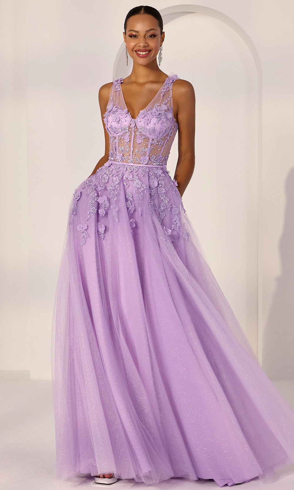 Mori Lee 49224 - Deep V-Neck Floral Embellished Tulle Gown Prom Dresses in Pansy Purple