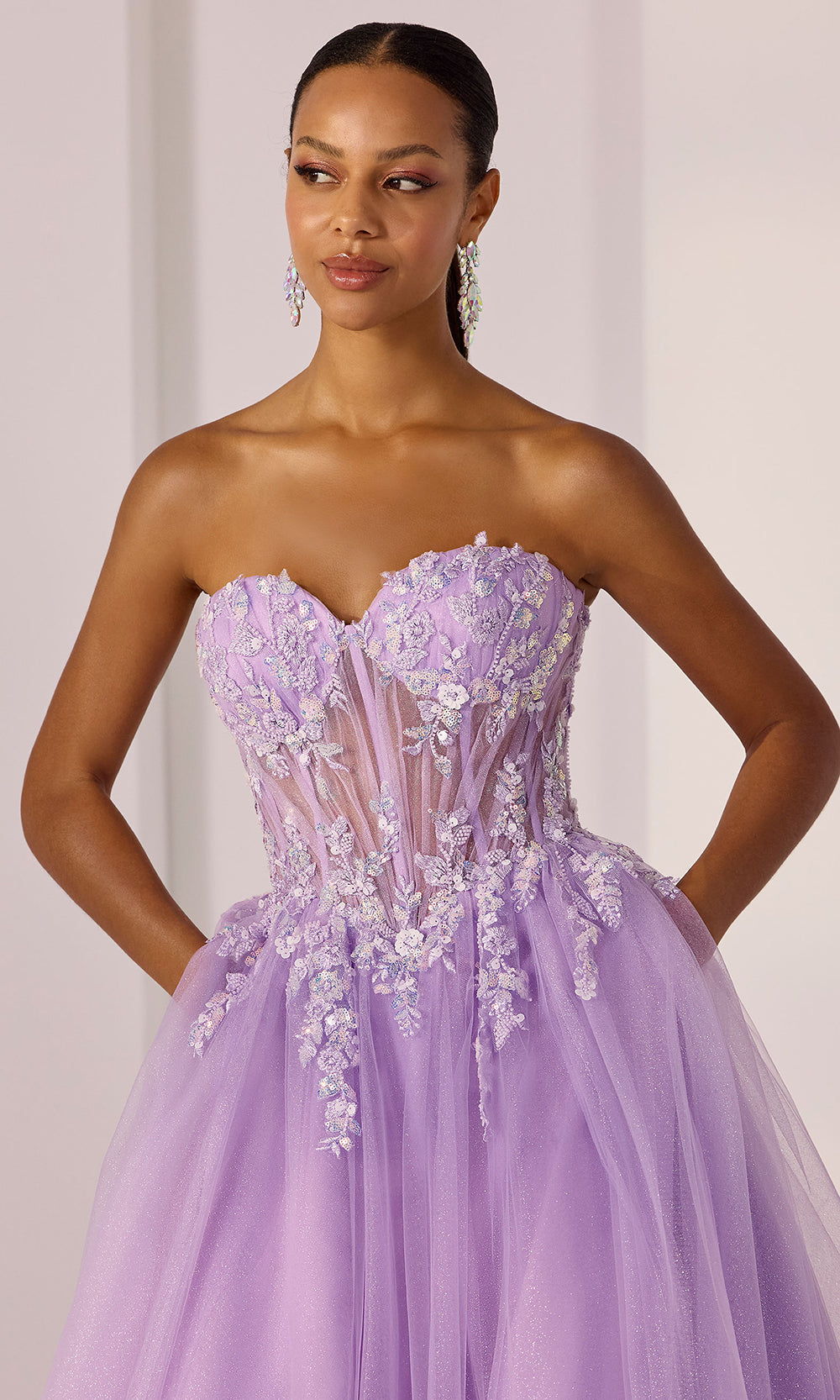Mori Lee 49225 - Beaded Lace Basque A-Line Gown Prom Dresses in Pansy Purple