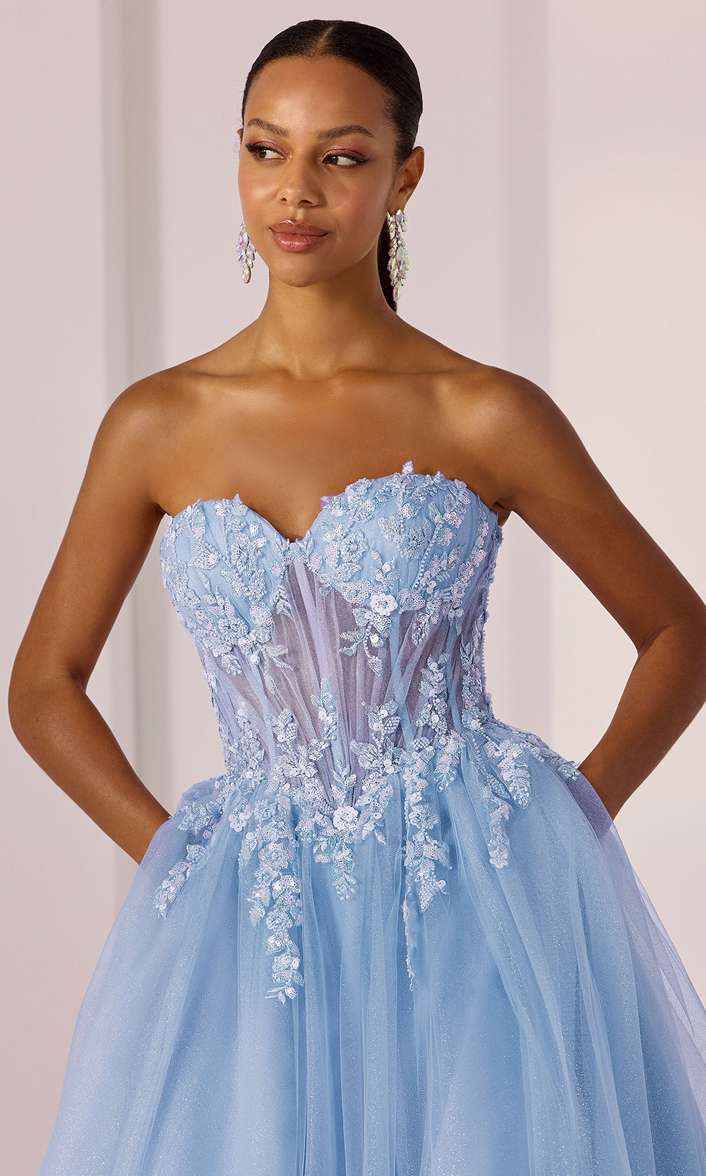 Mori Lee 49225 - Beaded Lace Basque A-Line Gown Prom Dresses in Bahama Blue