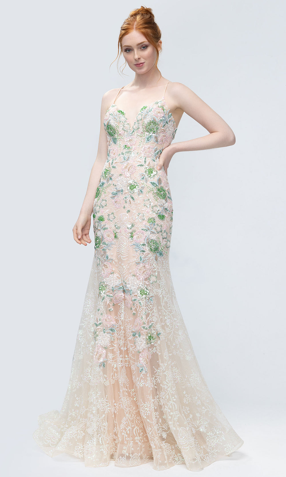Mori Lee 49244 - Beaded Ornate V-Neckline Mermaid Gown Prom Dresses in Green Blush