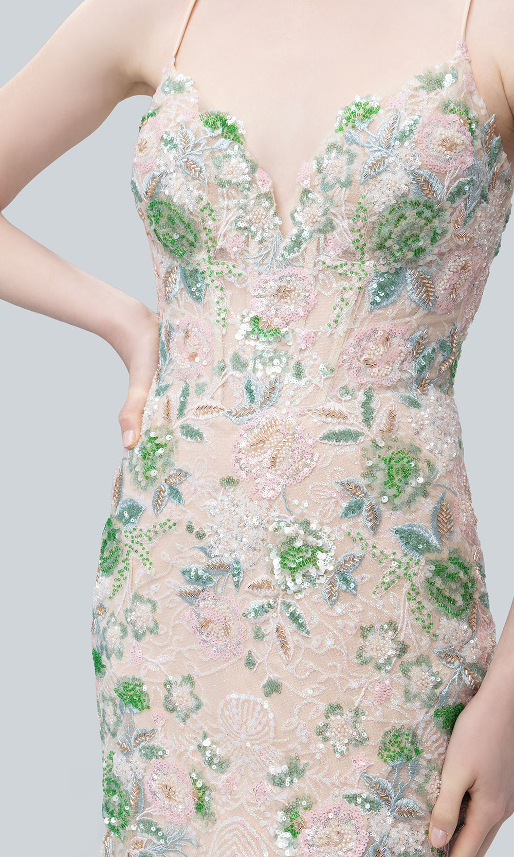 Mori Lee 49244 - Beaded Ornate V-Neckline Mermaid Gown Prom Dresses in Green Blush