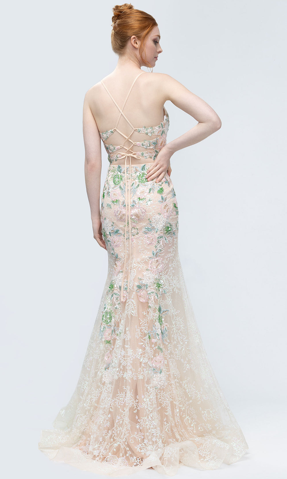 Mori Lee 49244 - Beaded Ornate V-Neckline Mermaid Gown Prom Dresses in Green Blush
