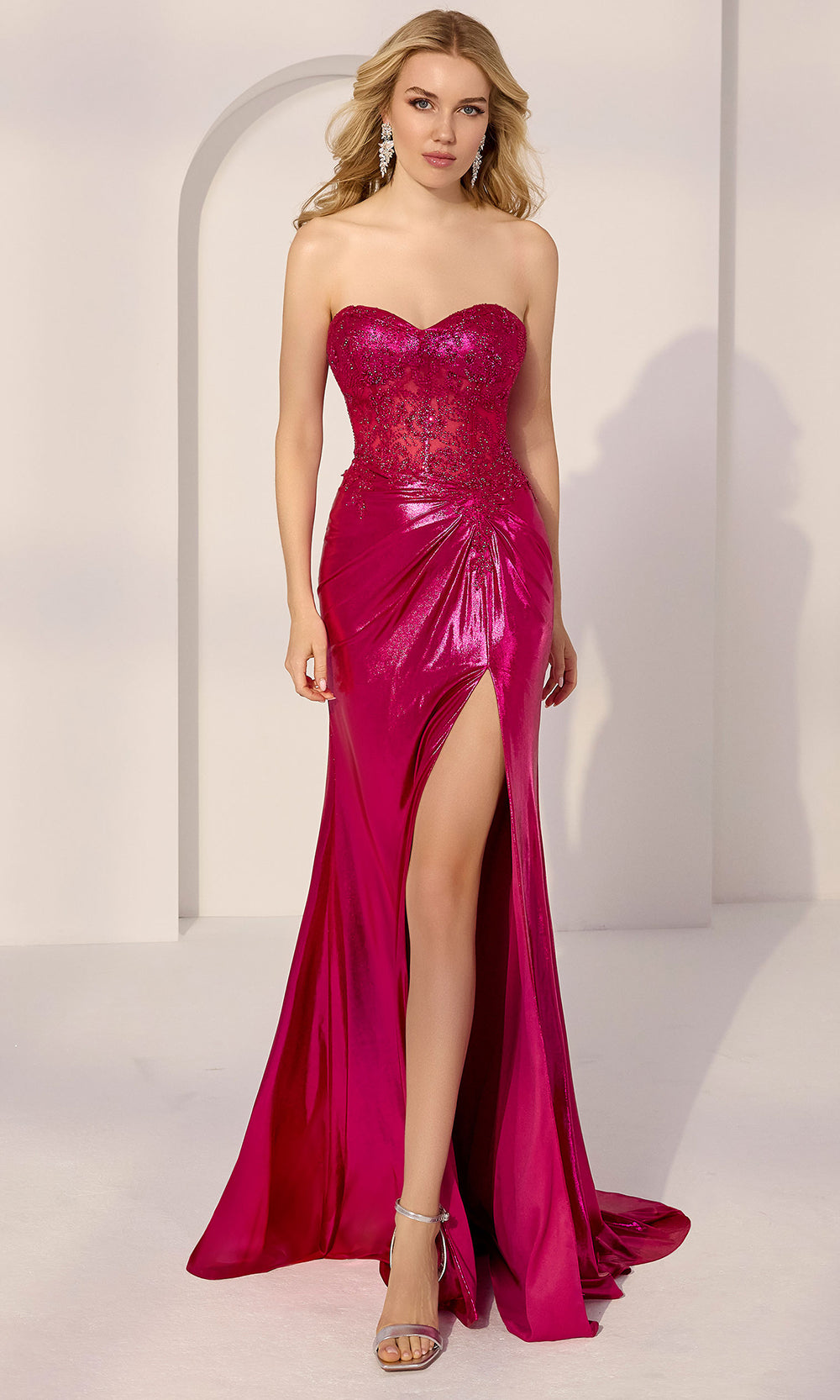 Mori Lee 49254 - Strapless High Slit Gown with Beading Prom Dresses in Magenta