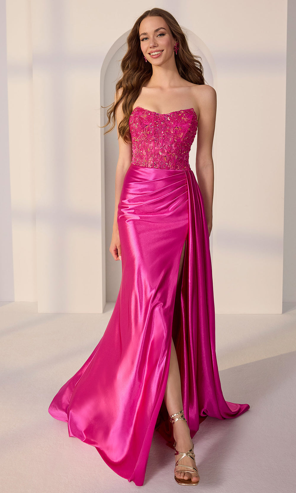Mori Lee 49257 - Strapless Foiled Jersey Gown with Side Drape Prom Dresses in Fuchsia