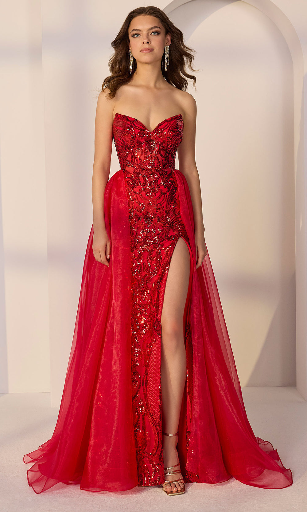 Mori Lee 49258 - Strapless Patterned Sequin Long Gown Prom Dresses in Scarlet