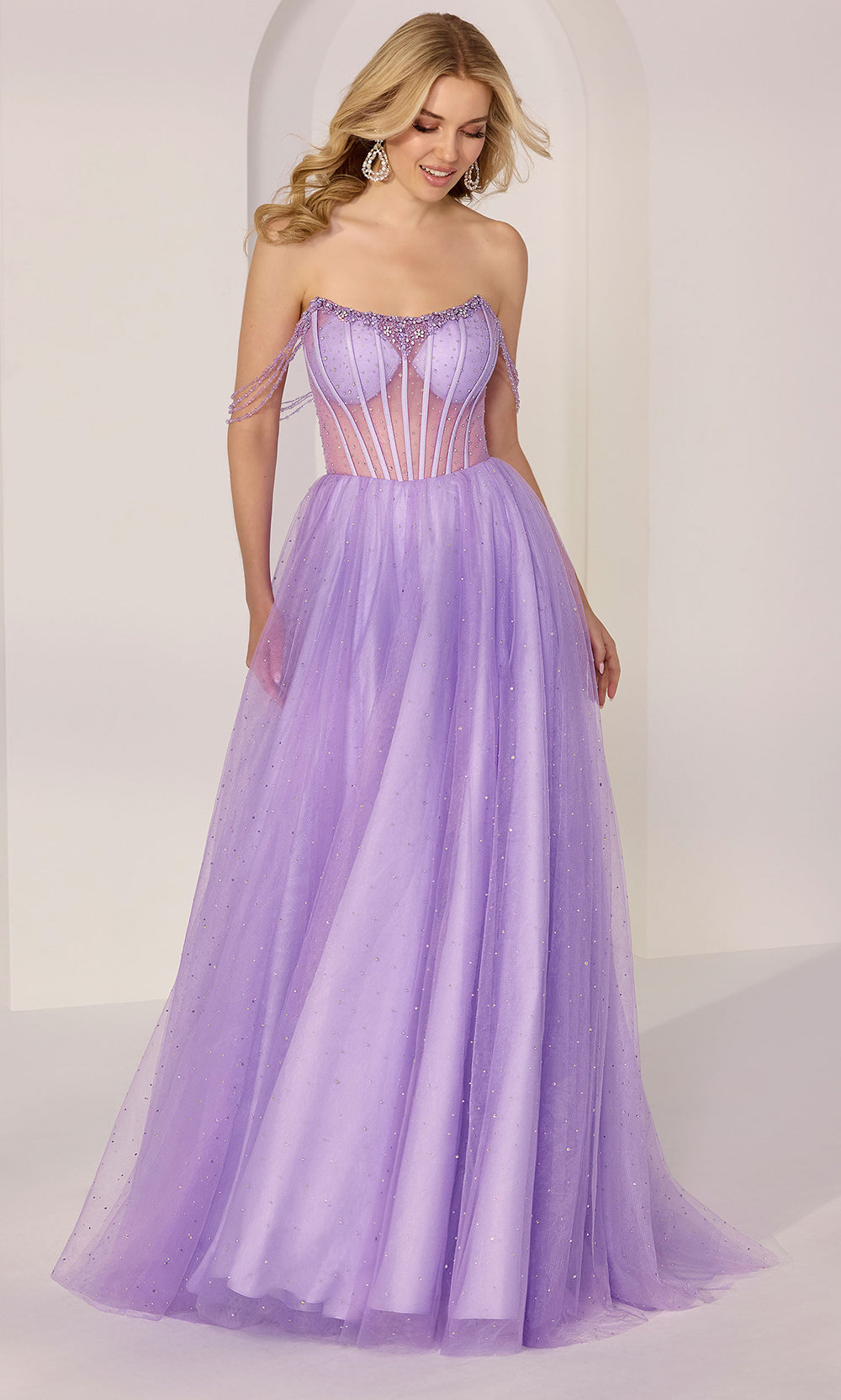 Mori Lee 49271 - Beaded Illusion Midriff Glitter Tulle Gown Prom Dresses in Lavender