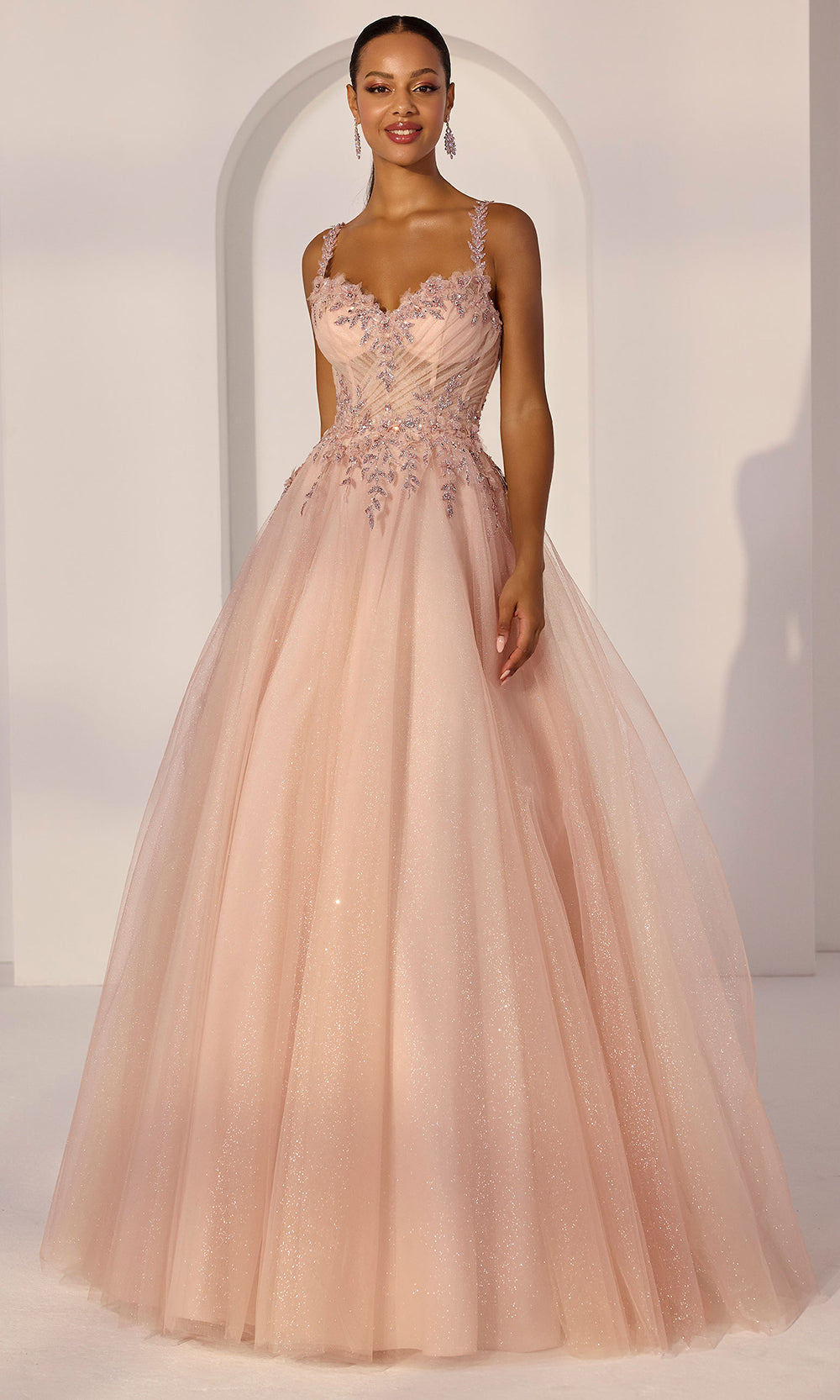 Mori Lee 49273 - Lace-Up Back Glitter Tulle A-Line Gown Prom Dresses in Blush