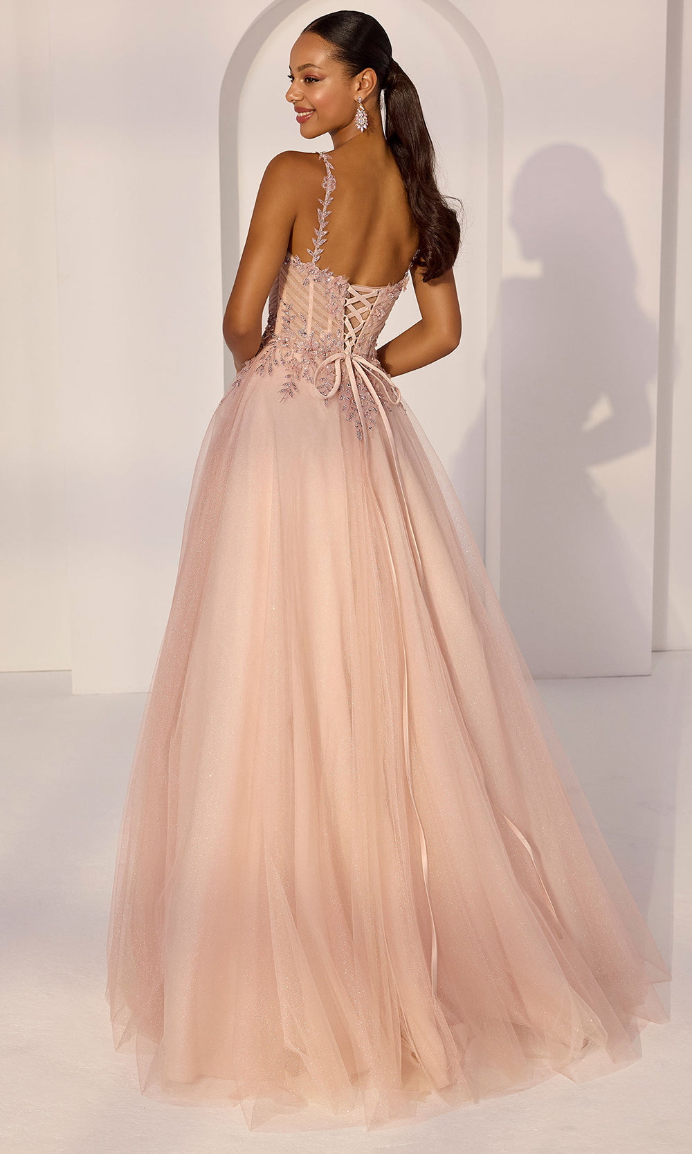 Mori Lee 49273 - Lace-Up Back Glitter Tulle A-Line Gown Prom Dresses in Blush