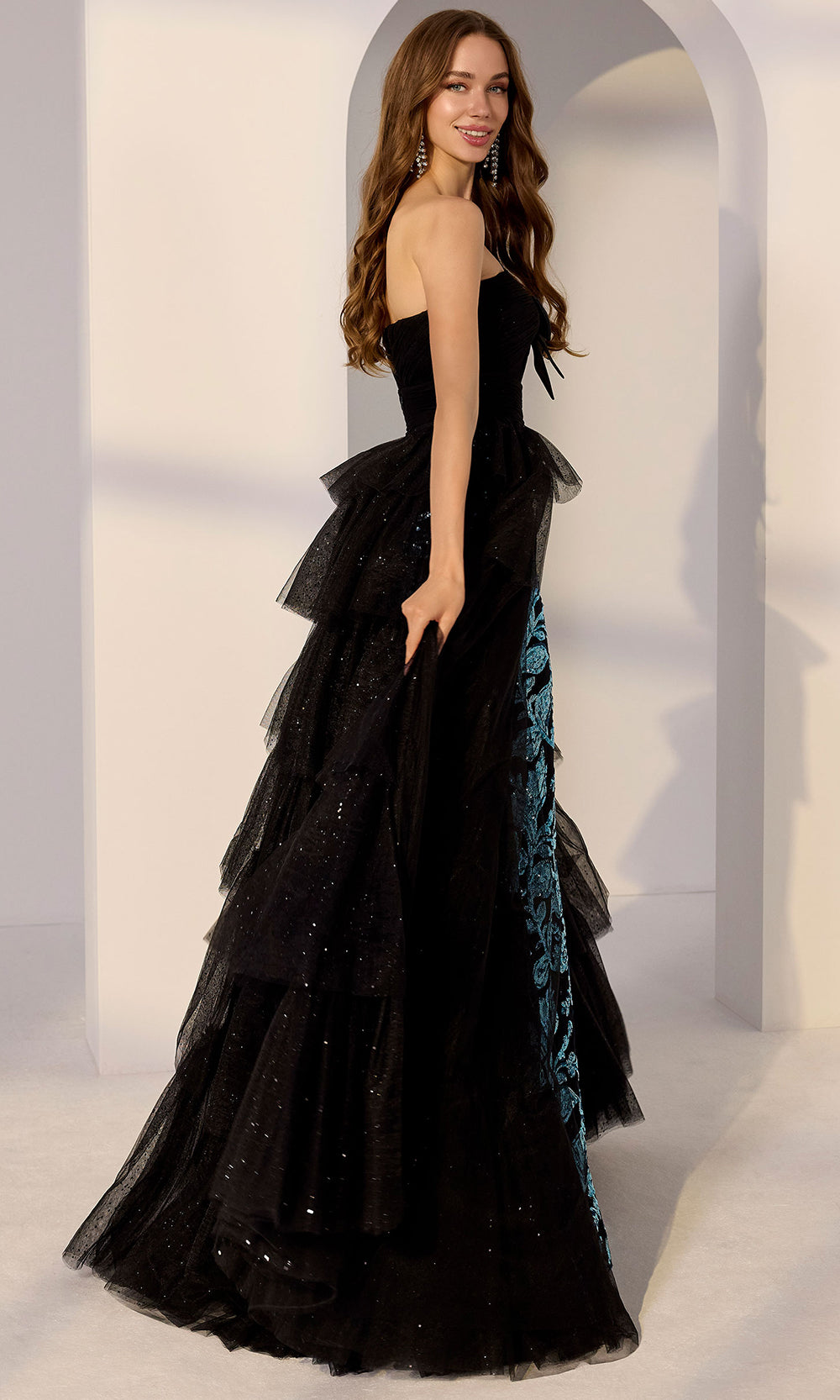 Mori Lee 49275 - Tiered Overskirt Sweetheart Embellished Gown Prom Dresses in Black Bahama Blue
