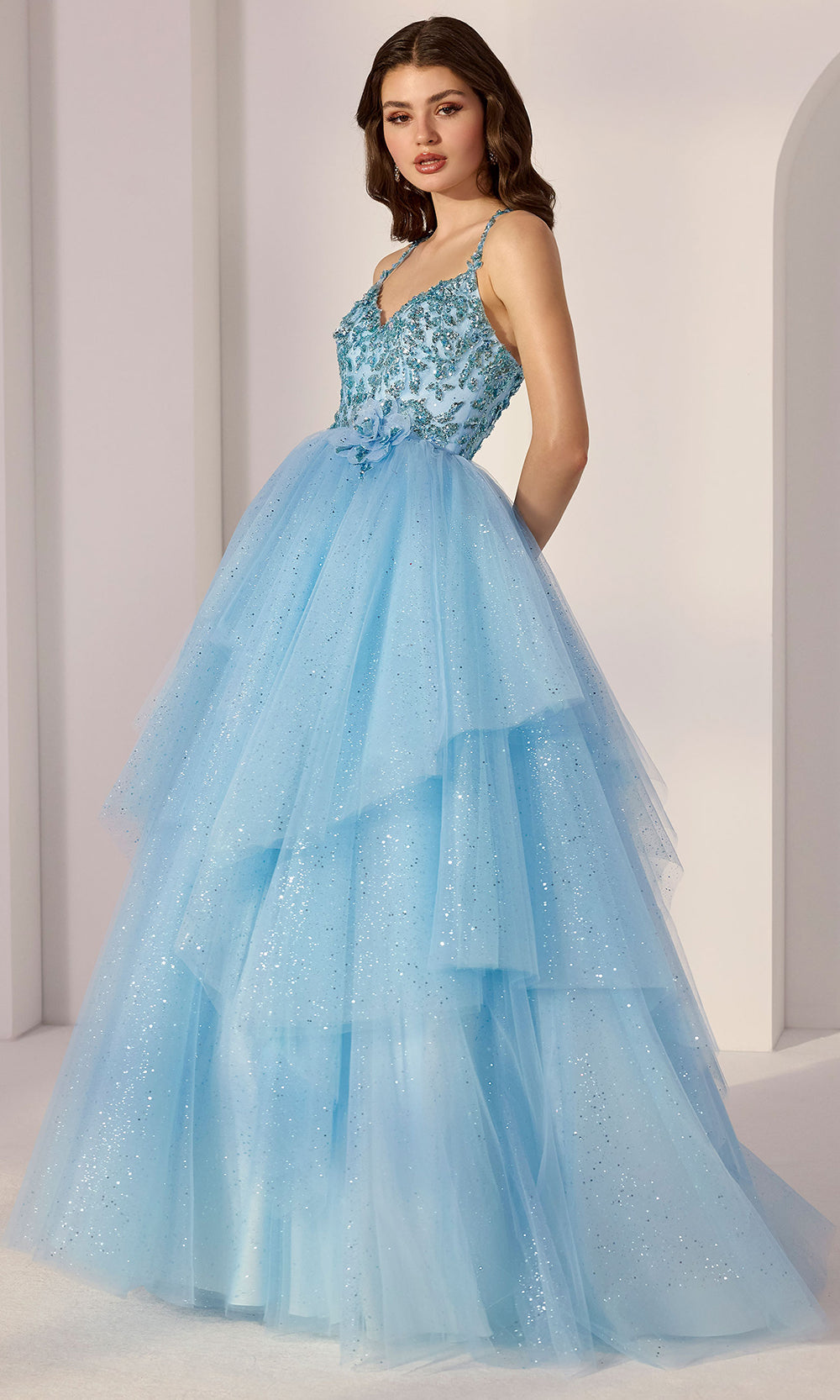 Mori Lee 49276 - V-Neckline Crisscross Back Layered Gown Prom Dresses in Bahama Blue