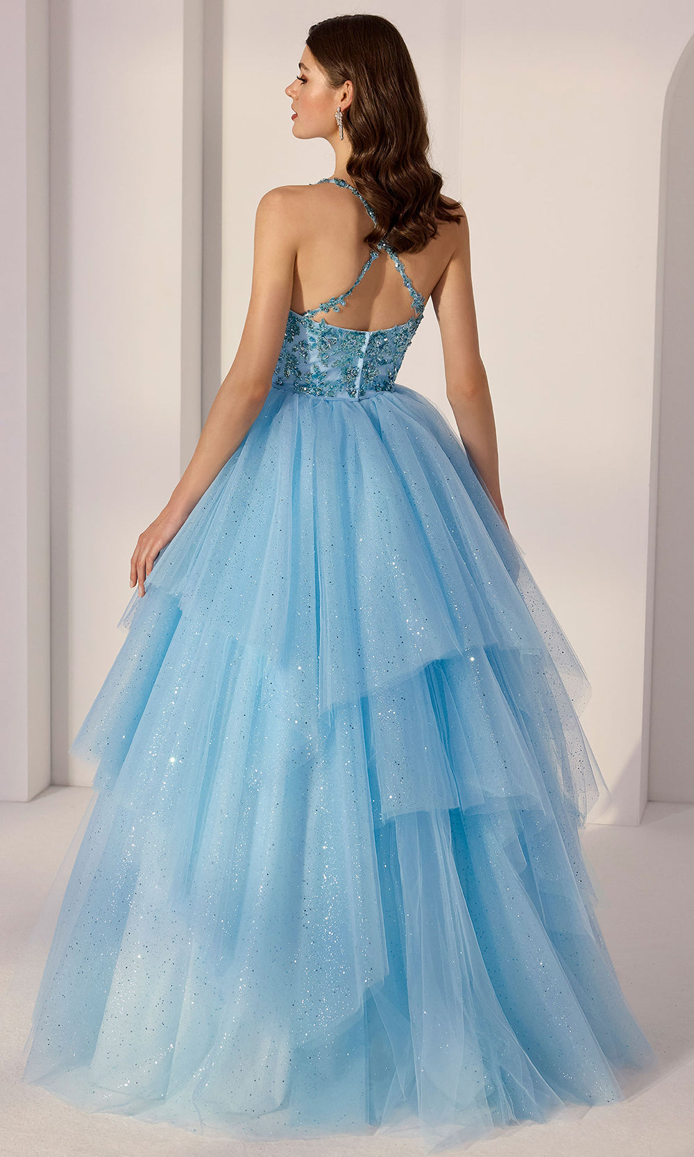 Mori Lee 49276 - V-Neckline Crisscross Back Layered Gown Prom Dresses in Bahama Blue