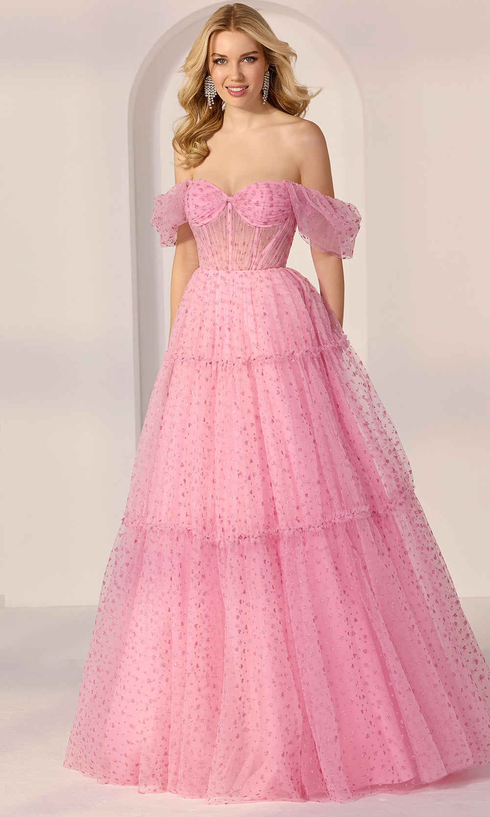 Mori Lee 49281 - Heart Print Off Shoulder A-Line Gown Prom Dresses in Pink