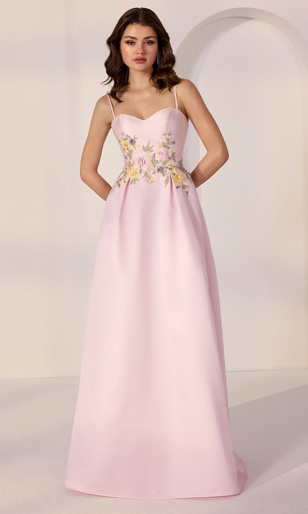 Mori Lee 49284 - Spaghetti Strap Mikado Floral Gown Prom Dresses in Pink Dusty Yellow