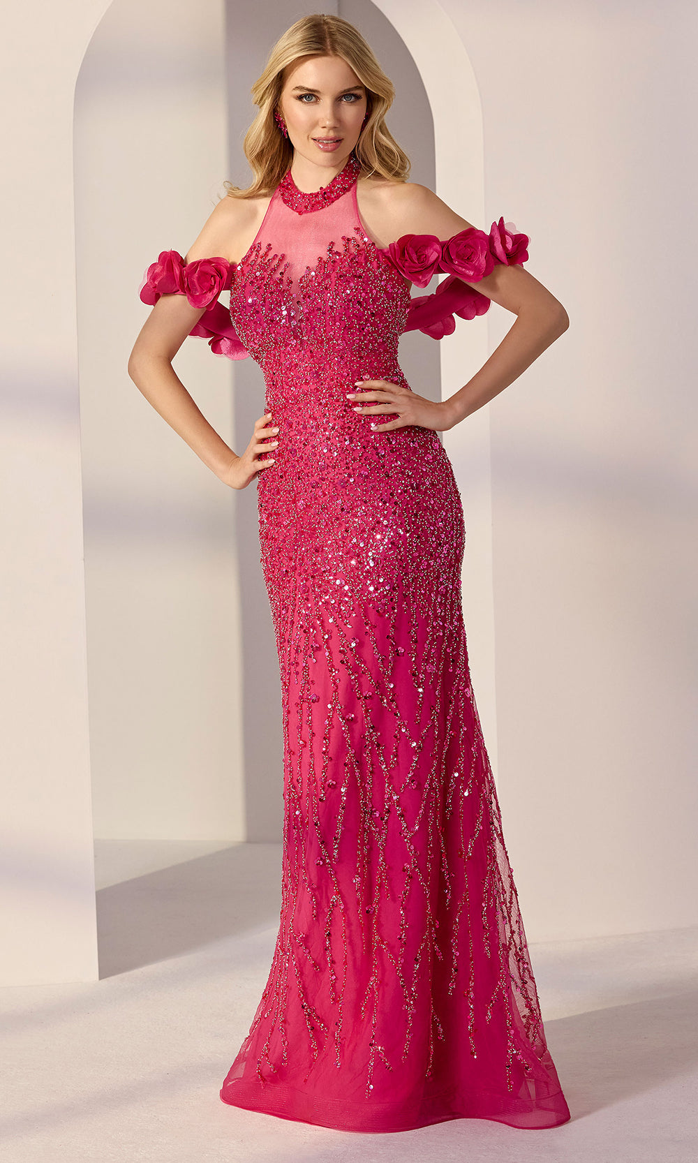 Mori Lee 49313 - High Halter Beaded Tulle Gown with Overskirt Prom Dresses in Fuchsia Silver
