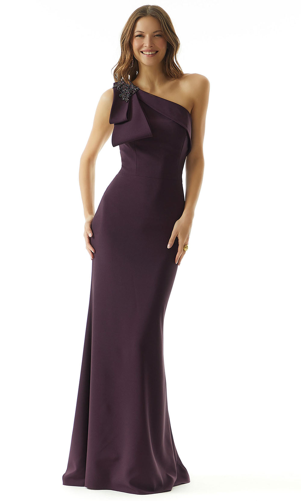 MGNY By Mori Lee 73011 - One Shoulder Bow Evening Dress Formal Gowns 2 / Aubergine