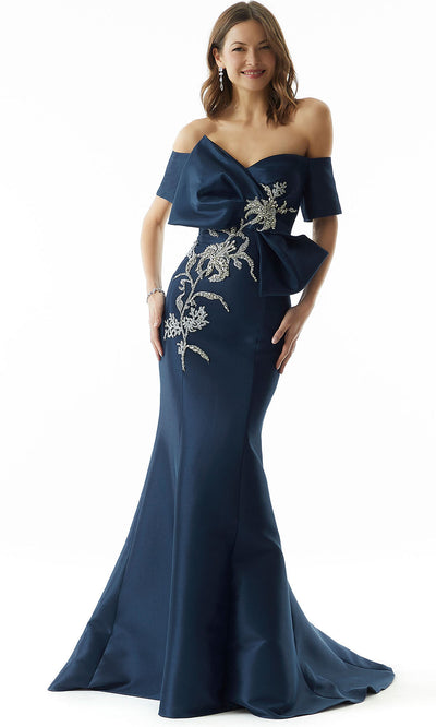 MGNY By Mori Lee 73030 - Satin Bow Evening Dress Evening Dresses 2 / Navy/Silver