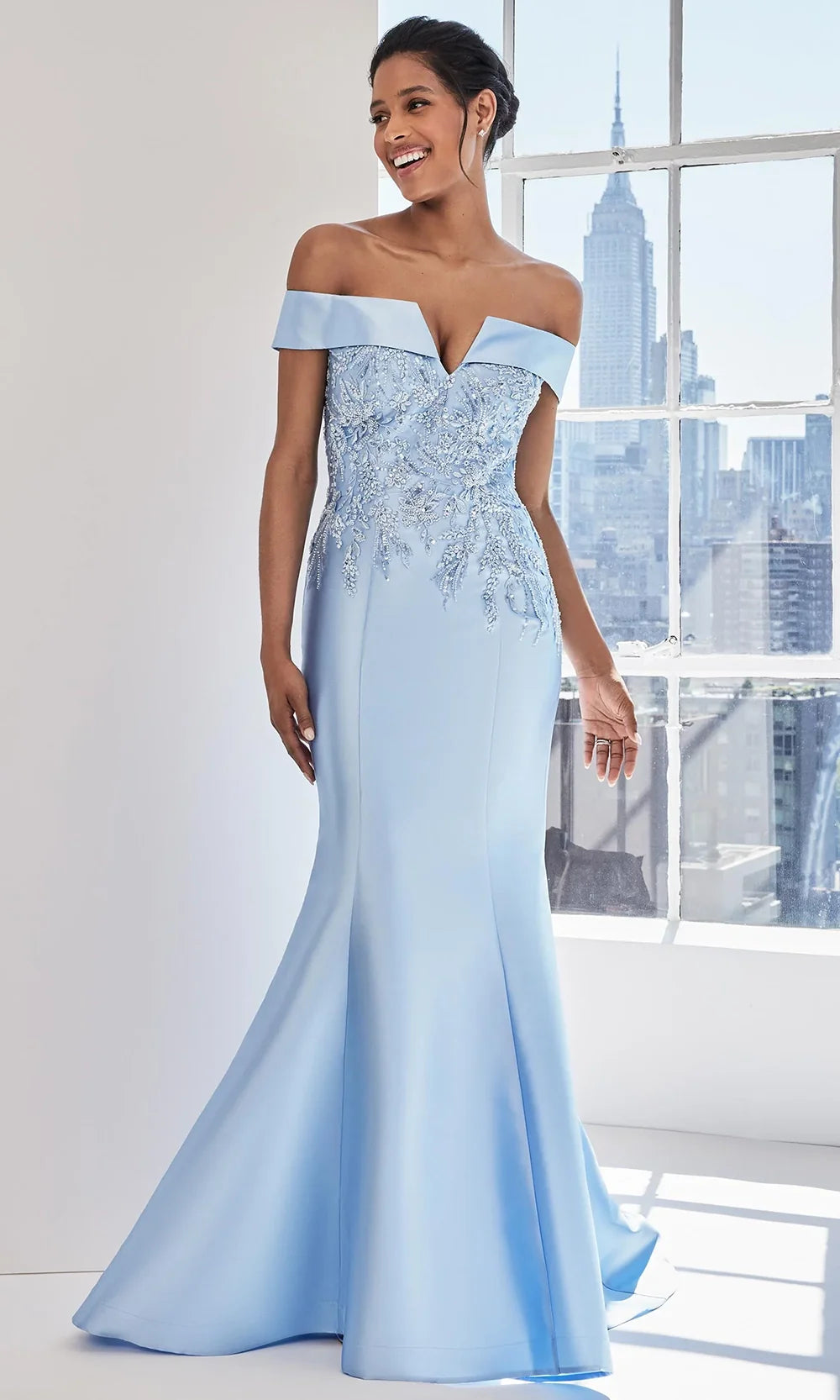 MGNY By Mori Lee 73119 - Embellished V-Neckline Satin Gown Mother of the Bride Dresses