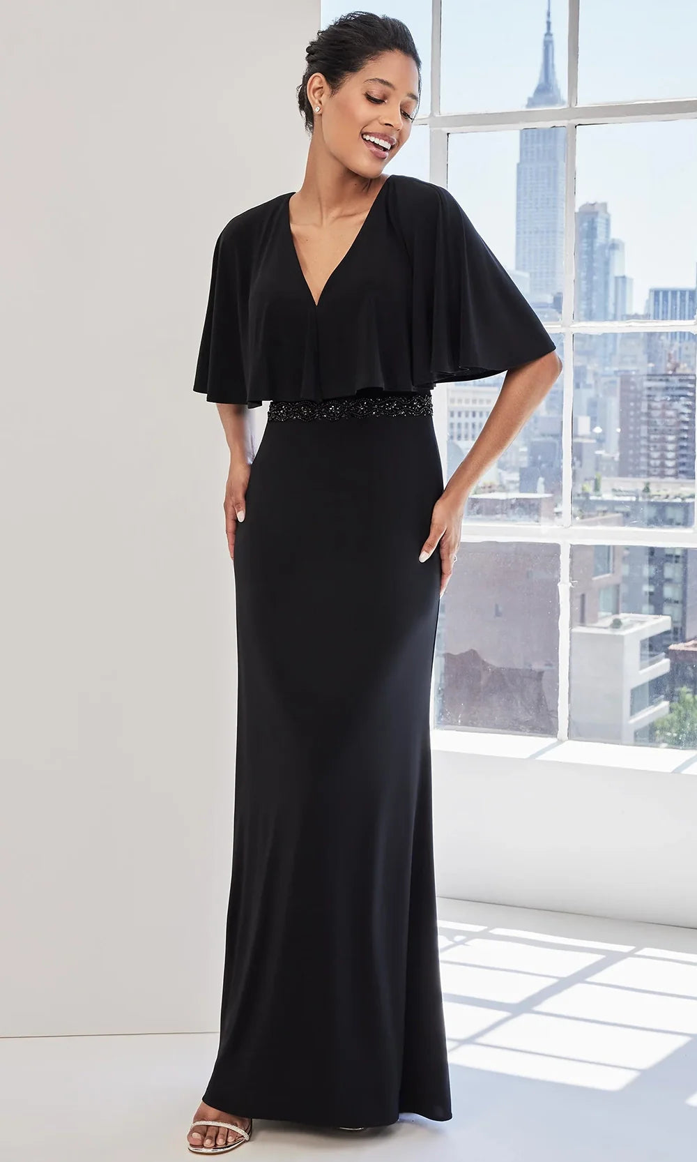 MGNY By Mori Lee 73124 - Cape Sleeve Gown with Beaded Waist Mother of the Bride Dresses