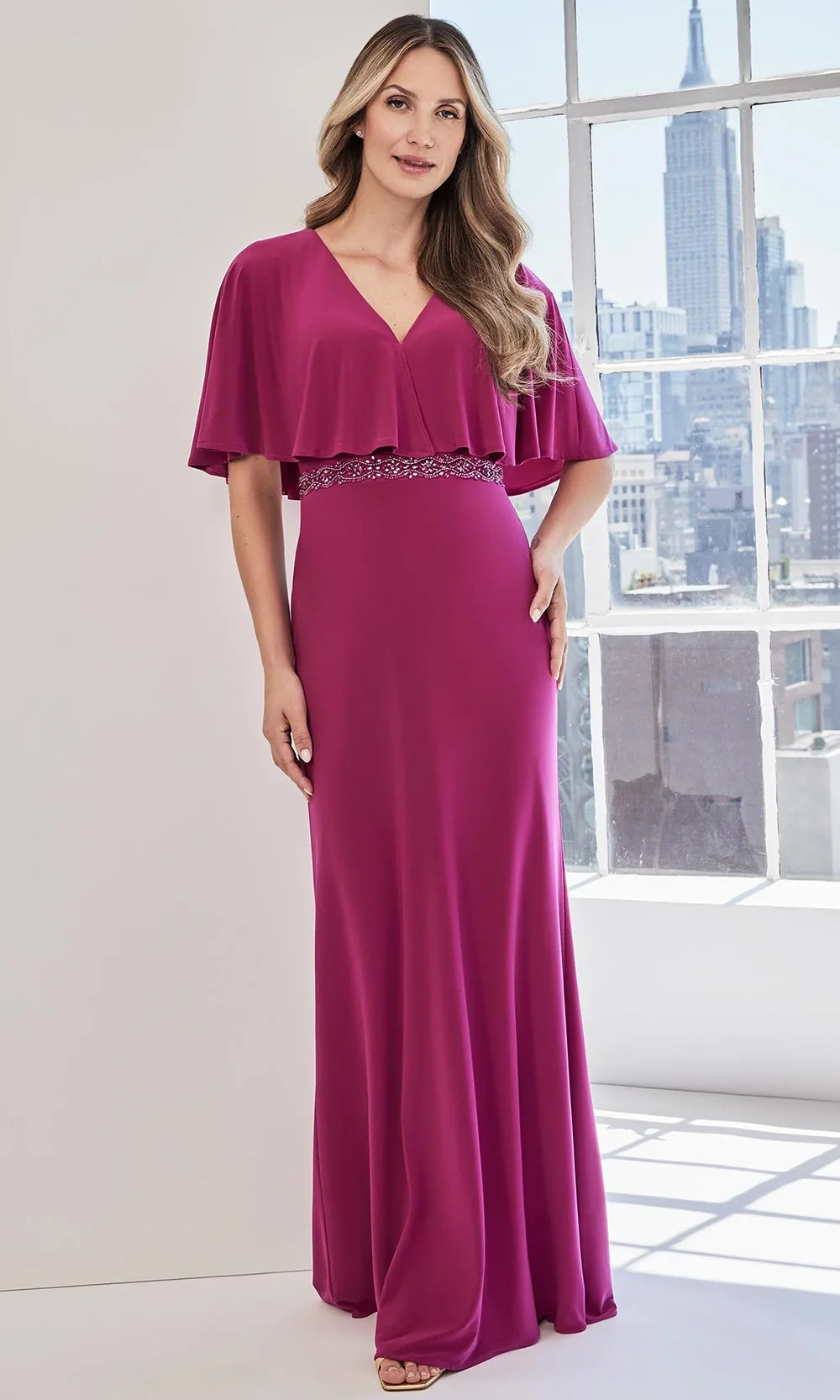 MGNY By Mori Lee 73124 - Cape Sleeve Gown with Beaded Waist Mother of the Bride Dresses