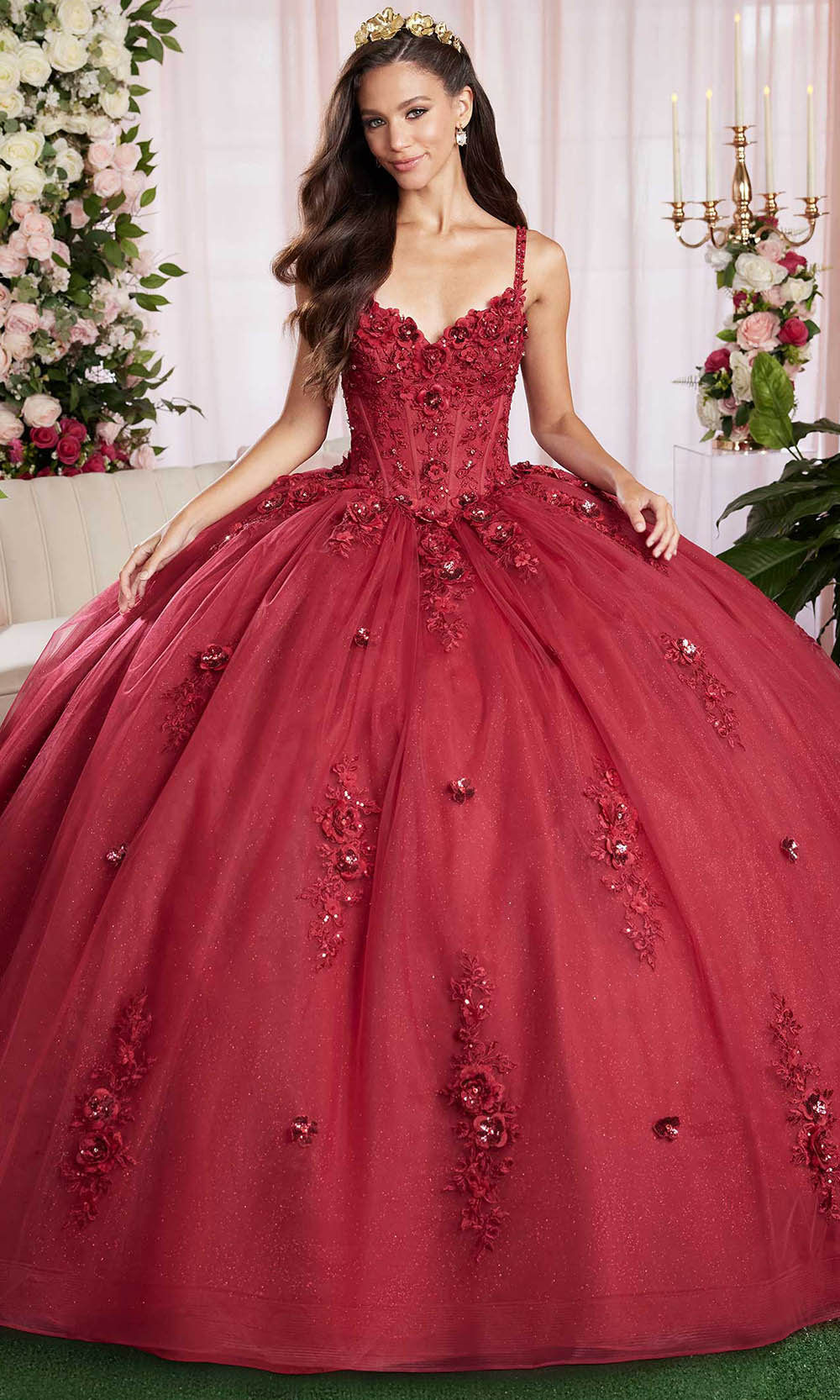 Vizcaya by Mori Lee 89504 - Spaghetti Strap Floral Applique Gown Ball Gowns