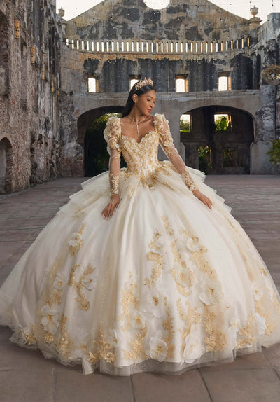 Vizcaya by Mori Lee 89558 - Long Puff Sleeve Floral Ballgown with Bow Ball Gowns