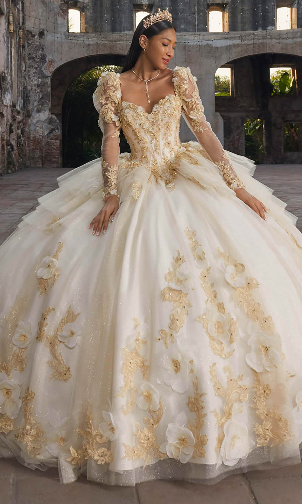 Vizcaya by Mori Lee 89558 - Long Puff Sleeve Floral Ballgown with Bow Ball Gowns