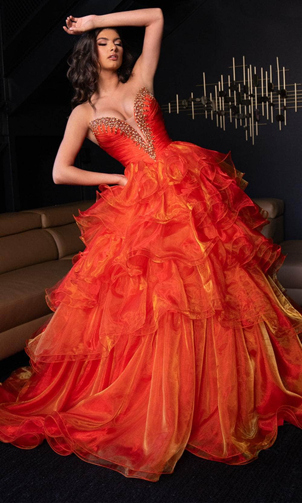 Rachel Allan 50312 - Embellished Ruched Bodice Ballgown Special Occasion Dresses 00 /  Tangerine