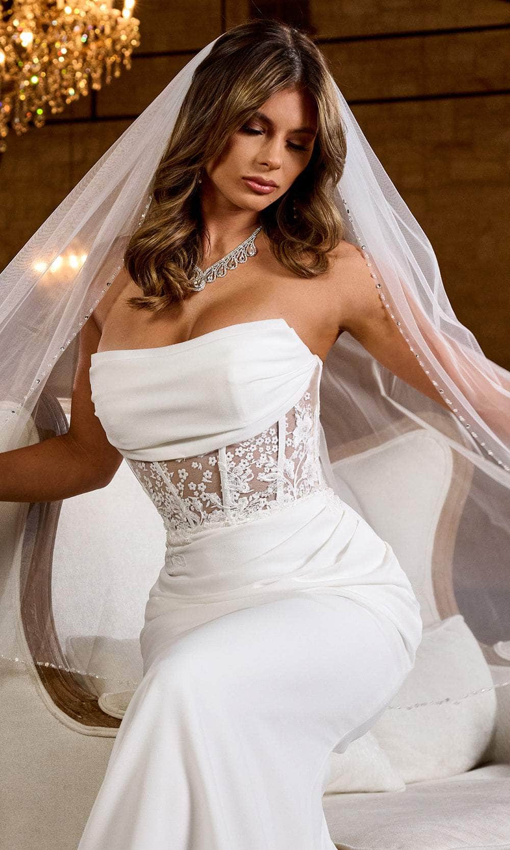 Rachel Allan Bridal RB2185 - Long Stretch Crepe, Tulle, Applique, Beading Sheath Dress Rachel Allan Bridal RB2185 - Long Stretch Crepe, Tulle, Applique, Beading Sheath Dress