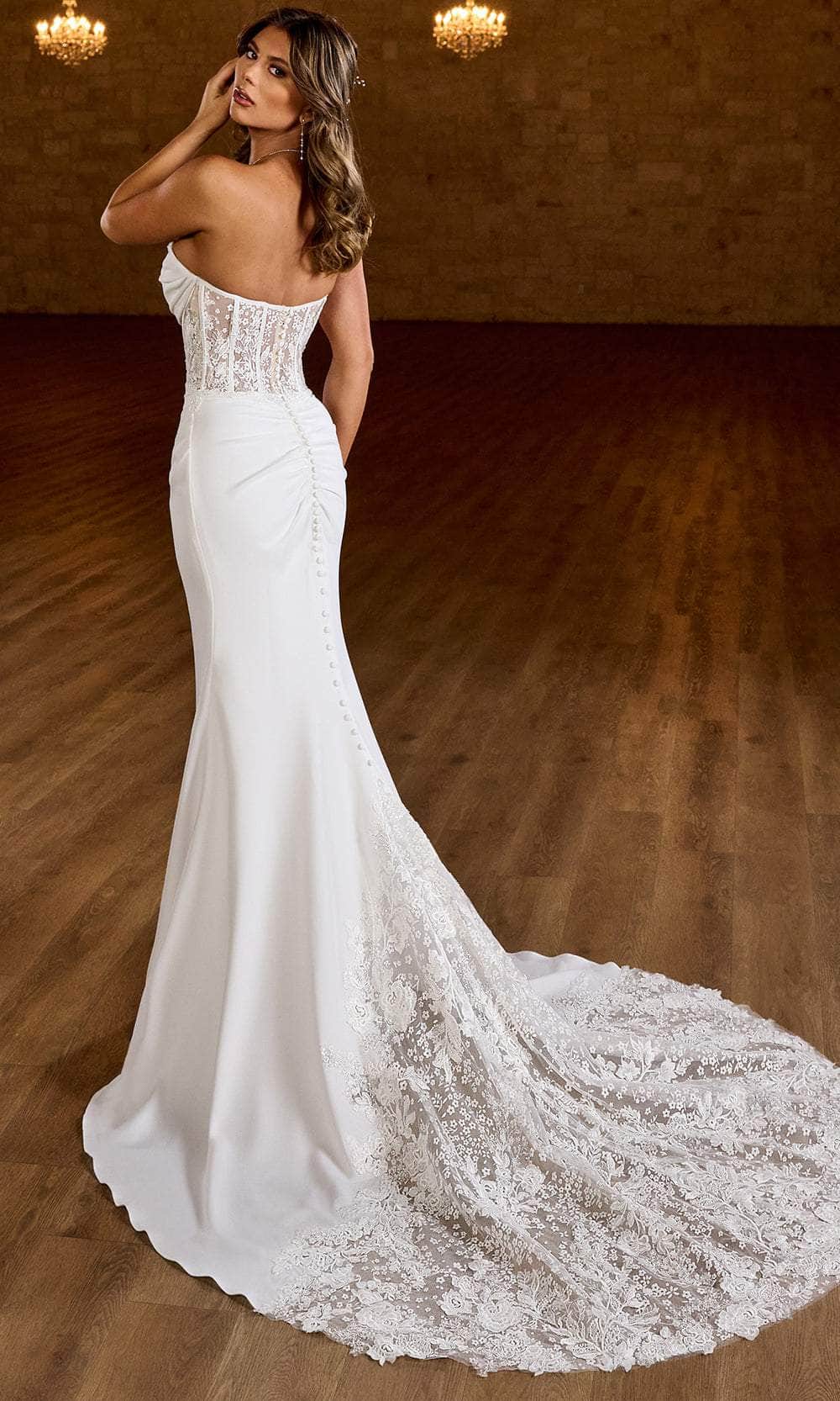 Rachel Allan Bridal RB2185 - Long Stretch Crepe, Tulle, Applique, Beading Sheath Dress - Strapless, Sheer Corset Bodice, Sequins, Embroidery, Mid-Open Rachel Allan Bridal RB2185 - Long Stretch Crepe, Tulle, Applique, Beading Sheath Dress - Strapless, Sheer Corset Bodice, Sequins, Embroidery, Mid-Open
