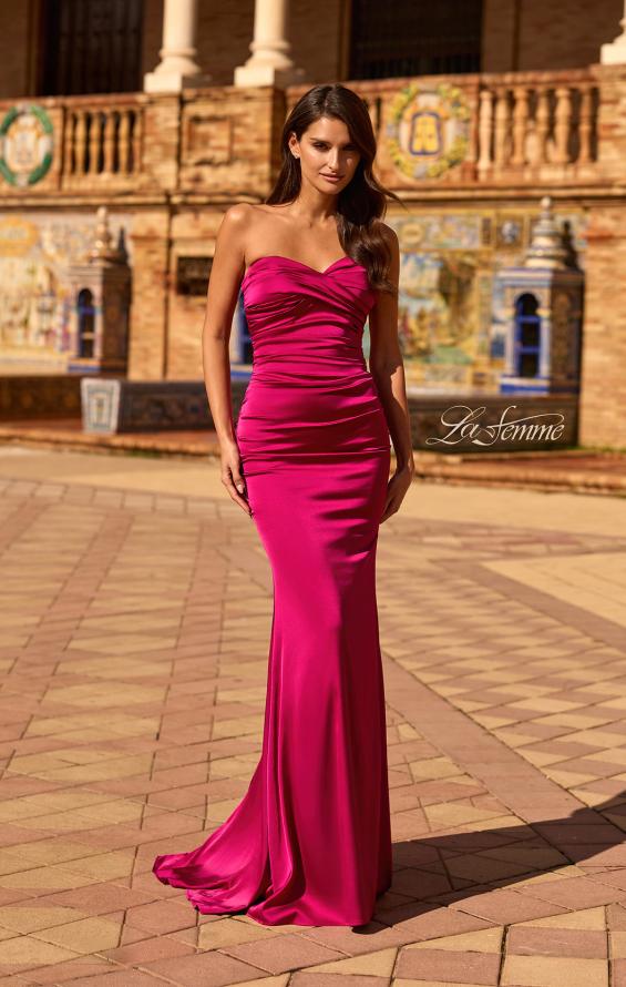 La Femme 33531 - Ruched Detail Sheath Satin Gown