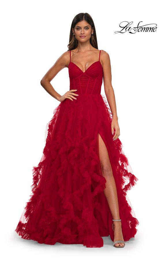 La Femme 32719 - V-Neck Ruched Corset Prom Gown