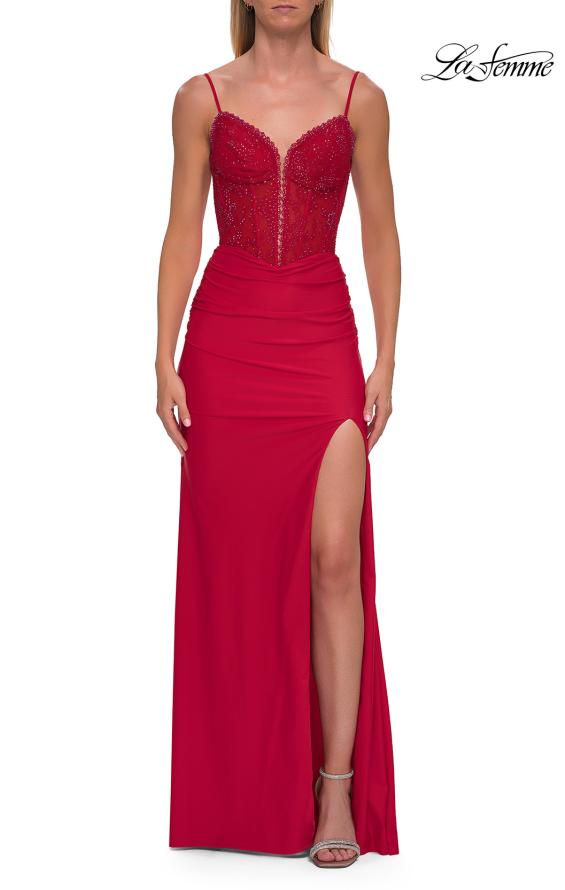 La Femme 33395 - Plunging V-Neck Beaded Lace Prom Dress