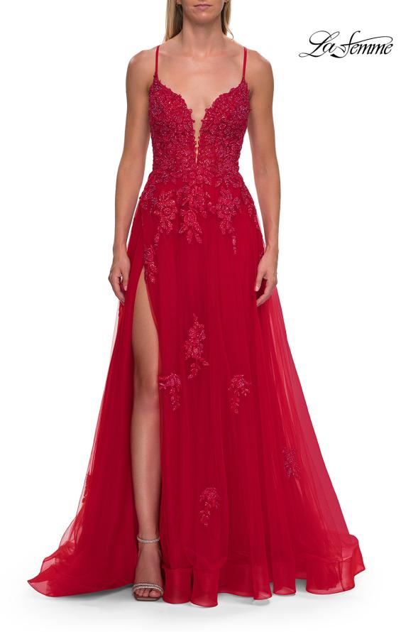 La Femme 33716 - Floral Beaded Lace-Up Back Gown with Slit Prom Dresses
